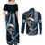 Hawaii Ikaika Warrior Helmet Couples Matching Off Shoulder Maxi Dress and Long Sleeve Button Shirt Blue Tribal Tattoo