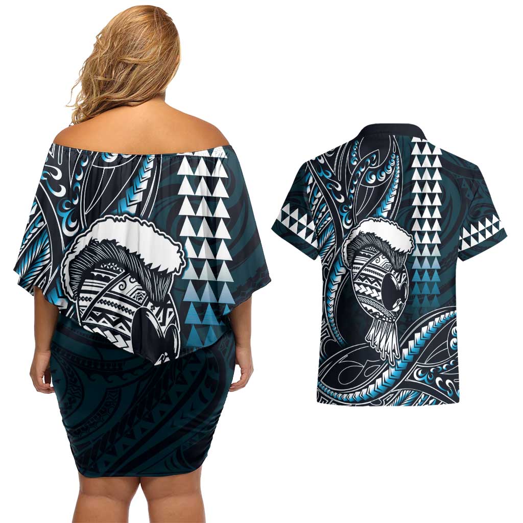 Hawaii Ikaika Warrior Helmet Couples Matching Off Shoulder Short Dress and Hawaiian Shirt Blue Tribal Tattoo