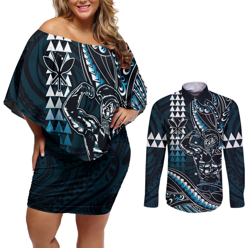 Hawaii Ikaika Warrior Helmet Couples Matching Off Shoulder Short Dress and Long Sleeve Button Shirt Blue Tribal Tattoo