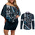 Hawaii Ikaika Warrior Helmet Couples Matching Off Shoulder Short Dress and Long Sleeve Button Shirt Blue Tribal Tattoo