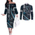 Hawaii Ikaika Warrior Helmet Couples Matching Off The Shoulder Long Sleeve Dress and Long Sleeve Button Shirt Blue Tribal Tattoo