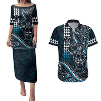 Hawaii Ikaika Warrior Helmet Couples Matching Puletasi and Hawaiian Shirt Blue Tribal Tattoo