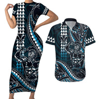 Hawaii Ikaika Warrior Helmet Couples Matching Short Sleeve Bodycon Dress and Hawaiian Shirt Blue Tribal Tattoo