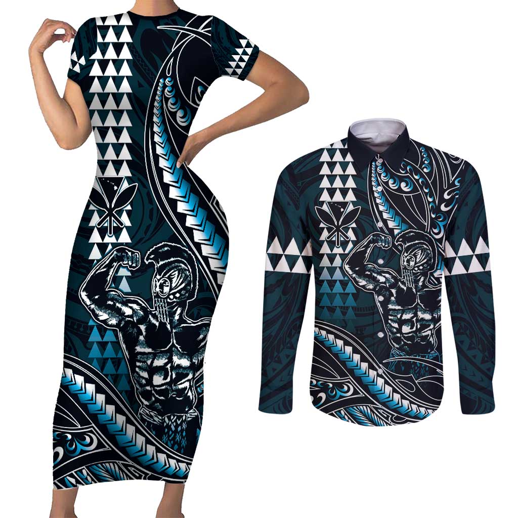 Hawaii Ikaika Warrior Helmet Couples Matching Short Sleeve Bodycon Dress and Long Sleeve Button Shirt Blue Tribal Tattoo