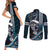 Hawaii Ikaika Warrior Helmet Couples Matching Short Sleeve Bodycon Dress and Long Sleeve Button Shirt Blue Tribal Tattoo