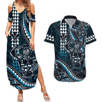 Hawaii Ikaika Warrior Helmet Couples Matching Summer Maxi Dress and Hawaiian Shirt Blue Tribal Tattoo