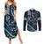 Hawaii Ikaika Warrior Helmet Couples Matching Summer Maxi Dress and Long Sleeve Button Shirt Blue Tribal Tattoo