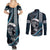 Hawaii Ikaika Warrior Helmet Couples Matching Summer Maxi Dress and Long Sleeve Button Shirt Blue Tribal Tattoo