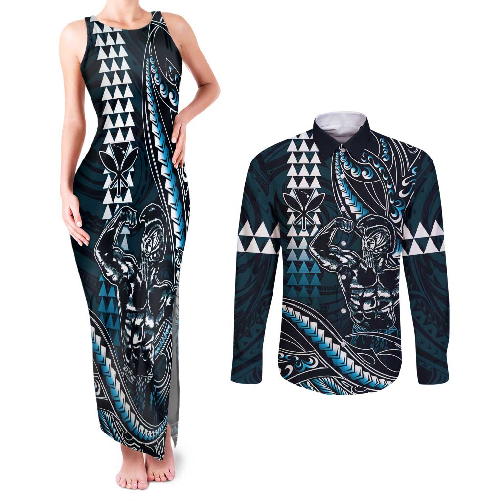 Hawaii Ikaika Warrior Helmet Couples Matching Tank Maxi Dress and Long Sleeve Button Shirt Blue Tribal Tattoo