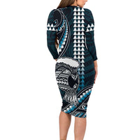 Hawaii Ikaika Warrior Helmet Family Matching Long Sleeve Bodycon Dress and Hawaiian Shirt Blue Tribal Tattoo