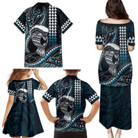 Hawaii Ikaika Warrior Helmet Family Matching Puletasi and Hawaiian Shirt Blue Tribal Tattoo
