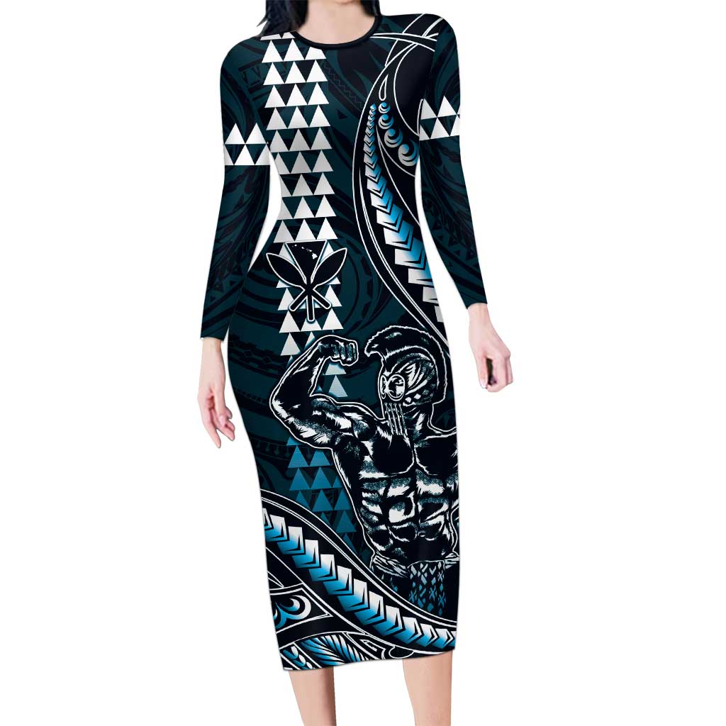 Hawaii Ikaika Warrior Helmet Long Sleeve Bodycon Dress Blue Tribal Tattoo