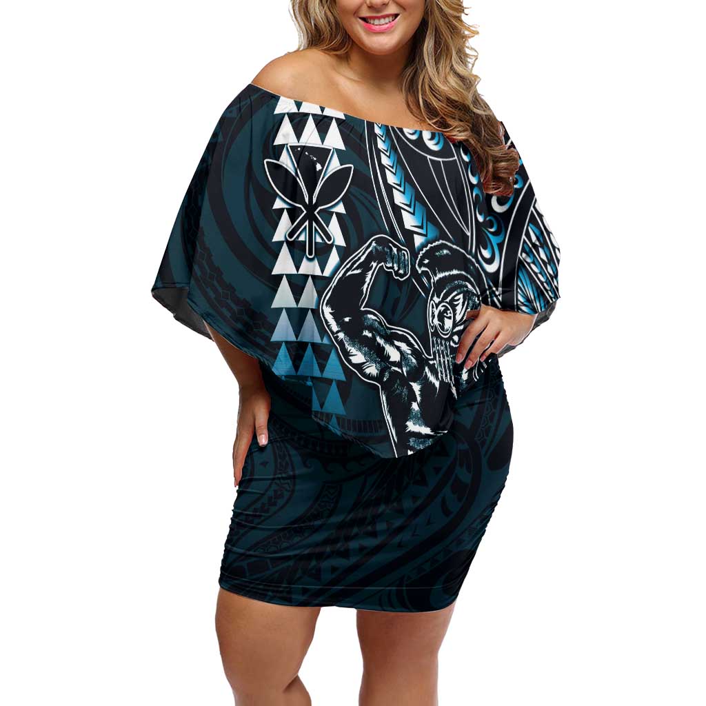 Hawaii Ikaika Warrior Helmet Off Shoulder Short Dress Blue Tribal Tattoo