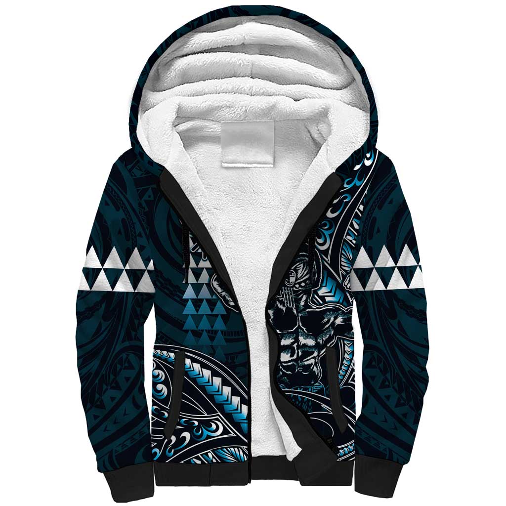 Hawaii Ikaika Warrior Helmet Sherpa Hoodie Blue Tribal Tattoo