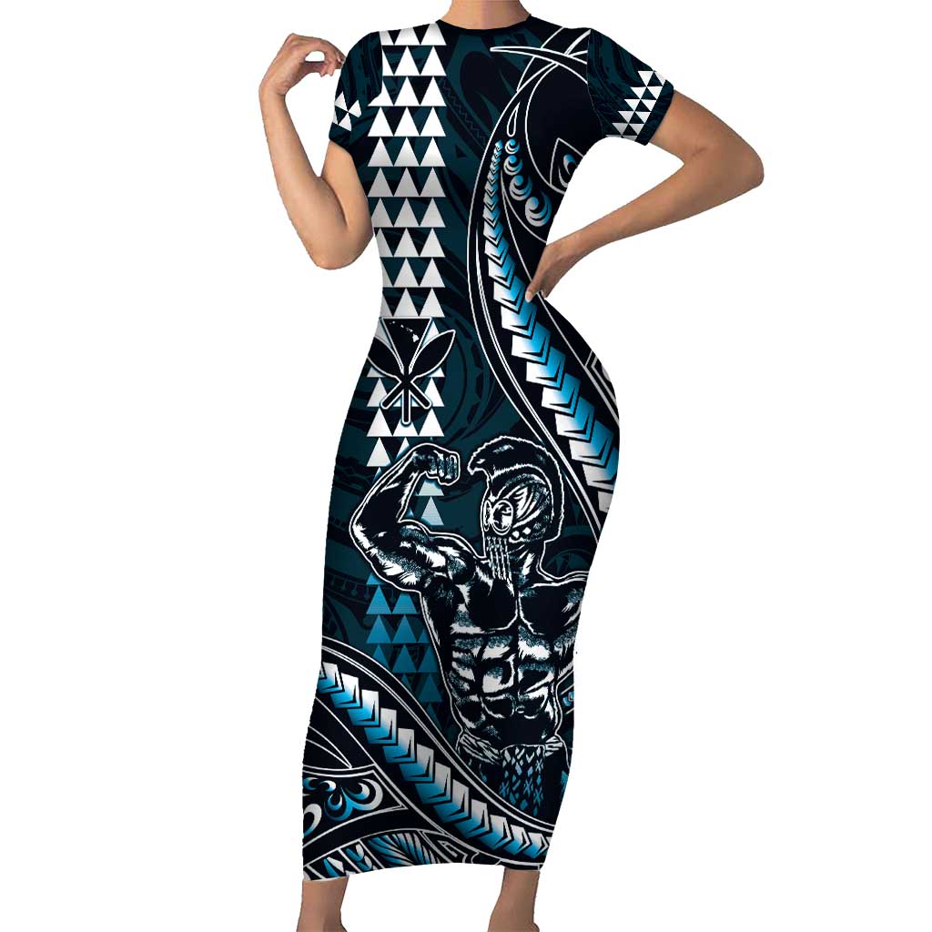 Hawaii Ikaika Warrior Helmet Short Sleeve Bodycon Dress Blue Tribal Tattoo