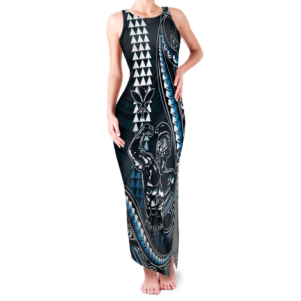 Hawaii Ikaika Warrior Helmet Tank Maxi Dress Blue Tribal Tattoo