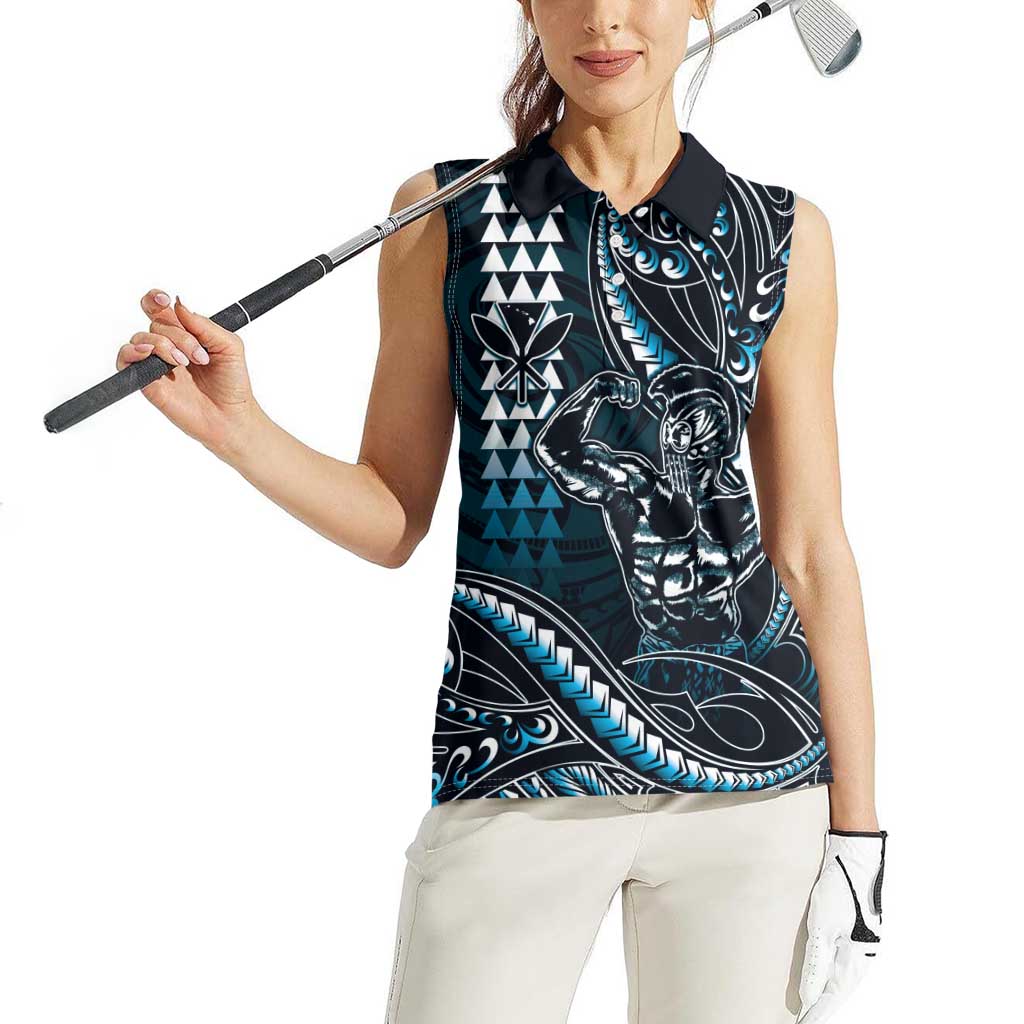 Hawaii Ikaika Warrior Helmet Women Sleeveless Polo Shirt Blue Tribal Tattoo