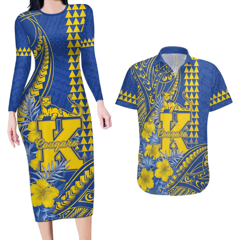 Personalised Hawaii Kaiser High School Couples Matching Long Sleeve Bodycon Dress and Hawaiian Shirt Tribal Tattoo With Hibiscus Flowers LT05 Blue - Polynesian Pride