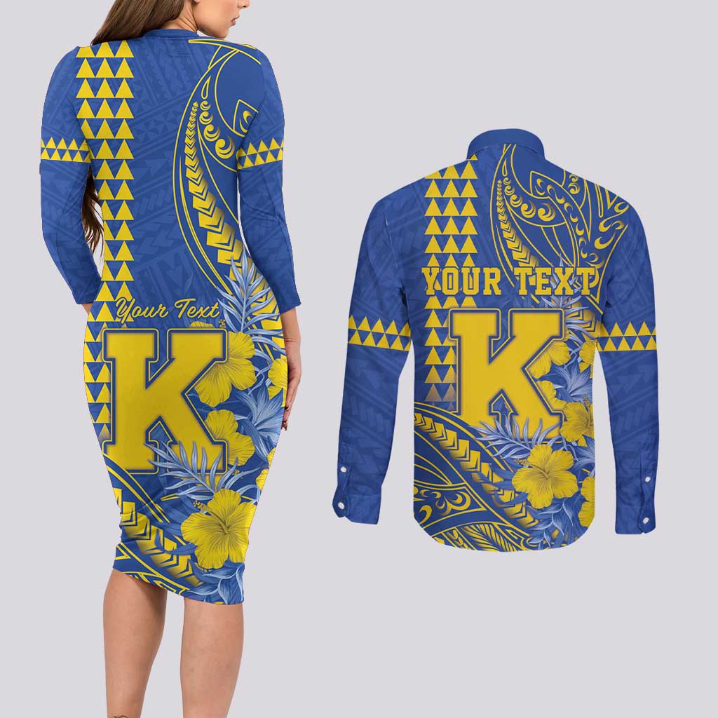 Personalised Hawaii Kaiser High School Couples Matching Long Sleeve Bodycon Dress and Long Sleeve Button Shirt Tribal Tattoo With Hibiscus Flowers LT05 - Polynesian Pride
