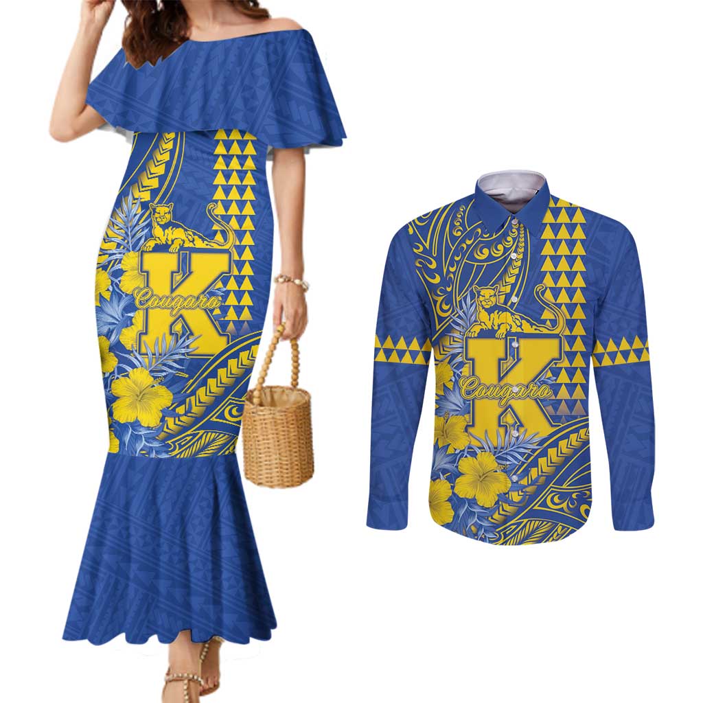 Personalised Hawaii Kaiser High School Couples Matching Mermaid Dress and Long Sleeve Button Shirt Tribal Tattoo With Hibiscus Flowers LT05 Blue - Polynesian Pride