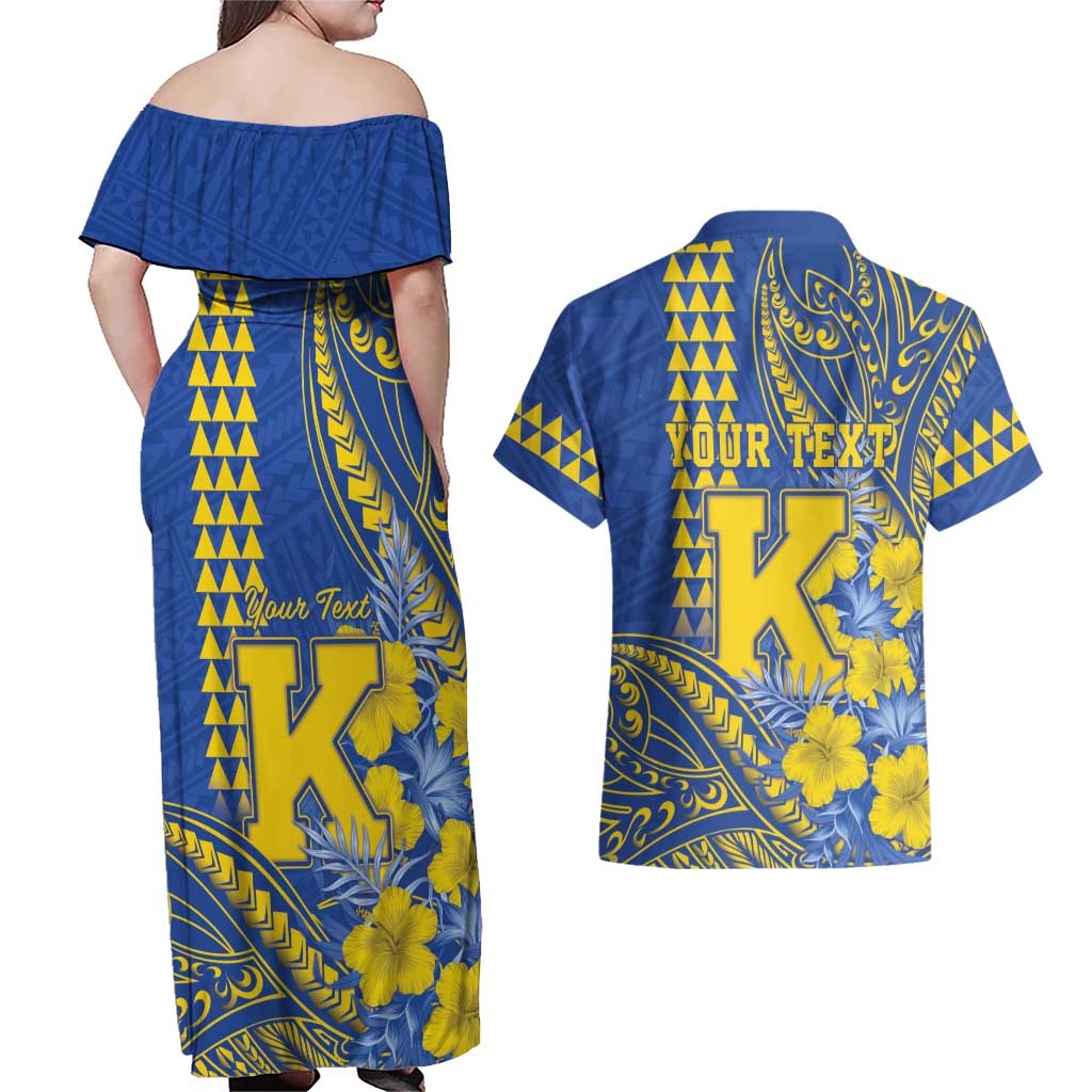 Personalised Hawaii Kaiser High School Couples Matching Off Shoulder Maxi Dress and Hawaiian Shirt Tribal Tattoo With Hibiscus Flowers LT05 - Polynesian Pride