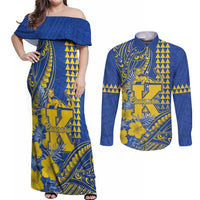 Personalised Hawaii Kaiser High School Couples Matching Off Shoulder Maxi Dress and Long Sleeve Button Shirt Tribal Tattoo With Hibiscus Flowers LT05 Blue - Polynesian Pride