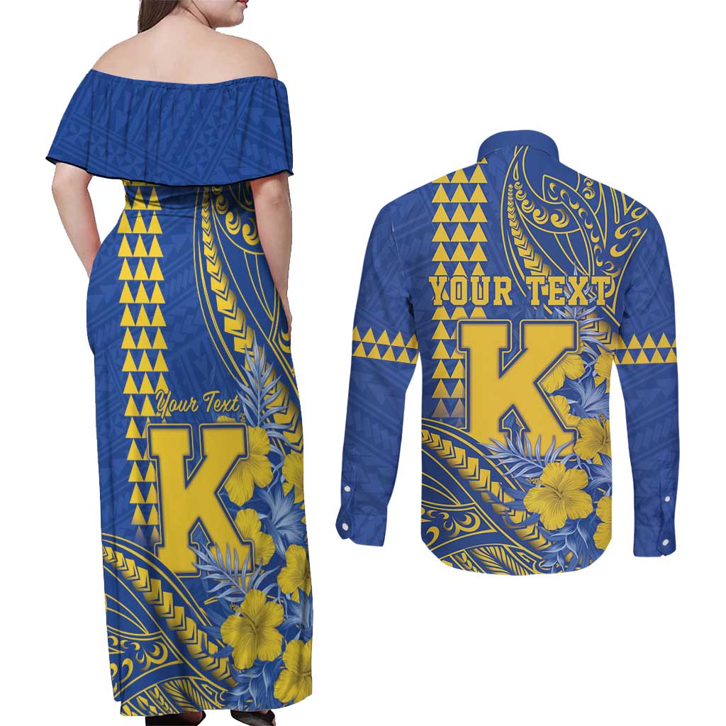 Personalised Hawaii Kaiser High School Couples Matching Off Shoulder Maxi Dress and Long Sleeve Button Shirt Tribal Tattoo With Hibiscus Flowers LT05 - Polynesian Pride