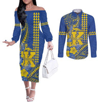 Personalised Hawaii Kaiser High School Couples Matching Off The Shoulder Long Sleeve Dress and Long Sleeve Button Shirt Tribal Tattoo With Hibiscus Flowers LT05 Blue - Polynesian Pride