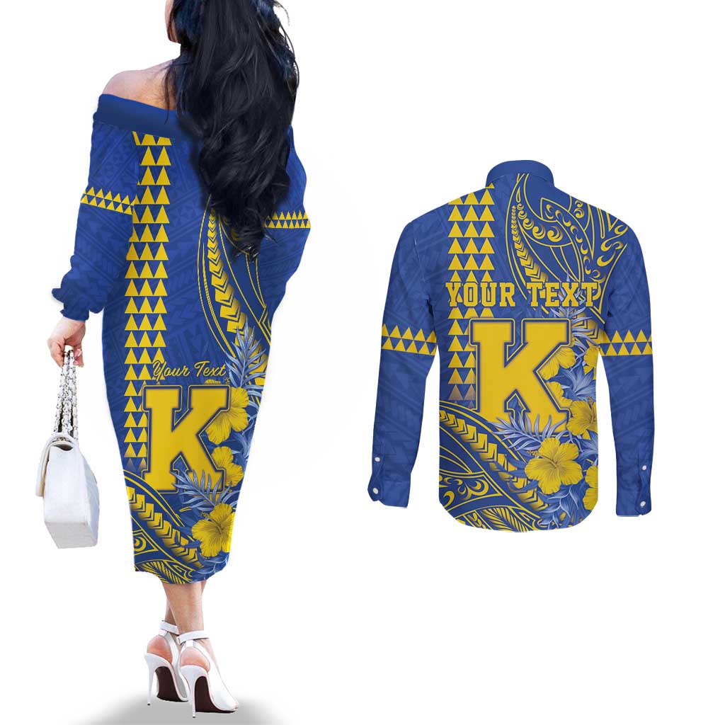 Personalised Hawaii Kaiser High School Couples Matching Off The Shoulder Long Sleeve Dress and Long Sleeve Button Shirt Tribal Tattoo With Hibiscus Flowers LT05 - Polynesian Pride