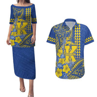 Personalised Hawaii Kaiser High School Couples Matching Puletasi and Hawaiian Shirt Tribal Tattoo With Hibiscus Flowers LT05 Blue - Polynesian Pride