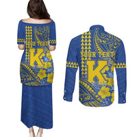 Personalised Hawaii Kaiser High School Couples Matching Puletasi and Long Sleeve Button Shirt Tribal Tattoo With Hibiscus Flowers