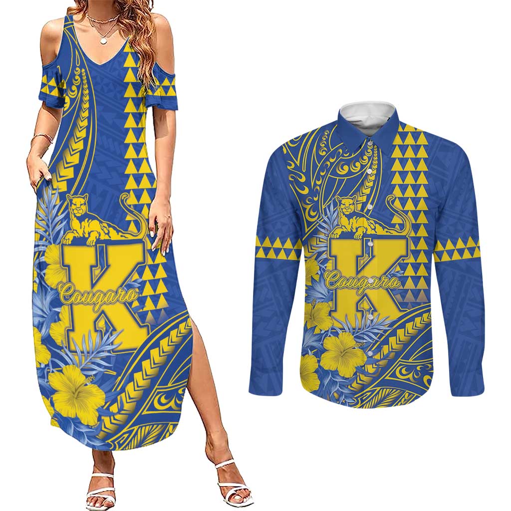 Personalised Hawaii Kaiser High School Couples Matching Summer Maxi Dress and Long Sleeve Button Shirt Tribal Tattoo With Hibiscus Flowers