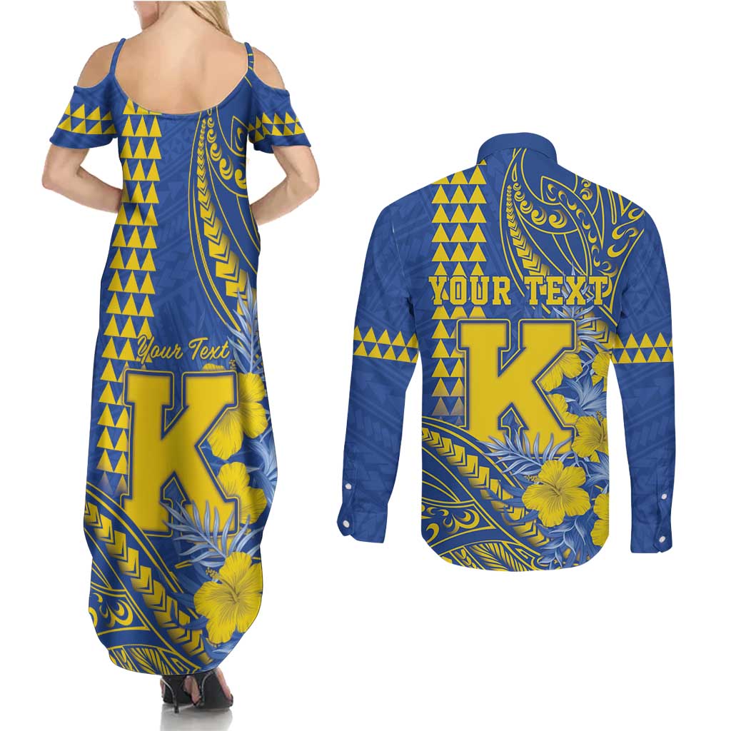 Personalised Hawaii Kaiser High School Couples Matching Summer Maxi Dress and Long Sleeve Button Shirt Tribal Tattoo With Hibiscus Flowers LT05 - Polynesian Pride