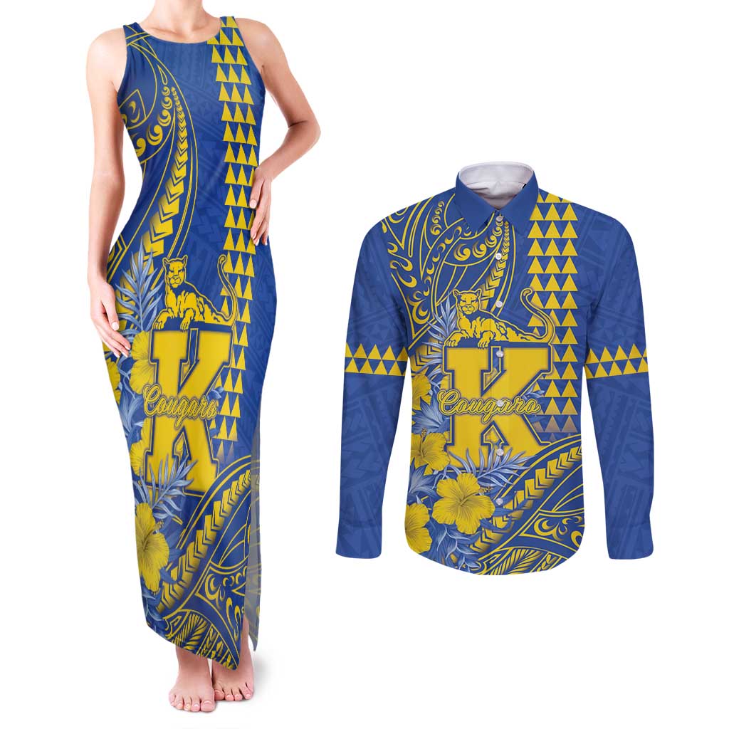 Personalised Hawaii Kaiser High School Couples Matching Tank Maxi Dress and Long Sleeve Button Shirt Tribal Tattoo With Hibiscus Flowers LT05 Blue - Polynesian Pride