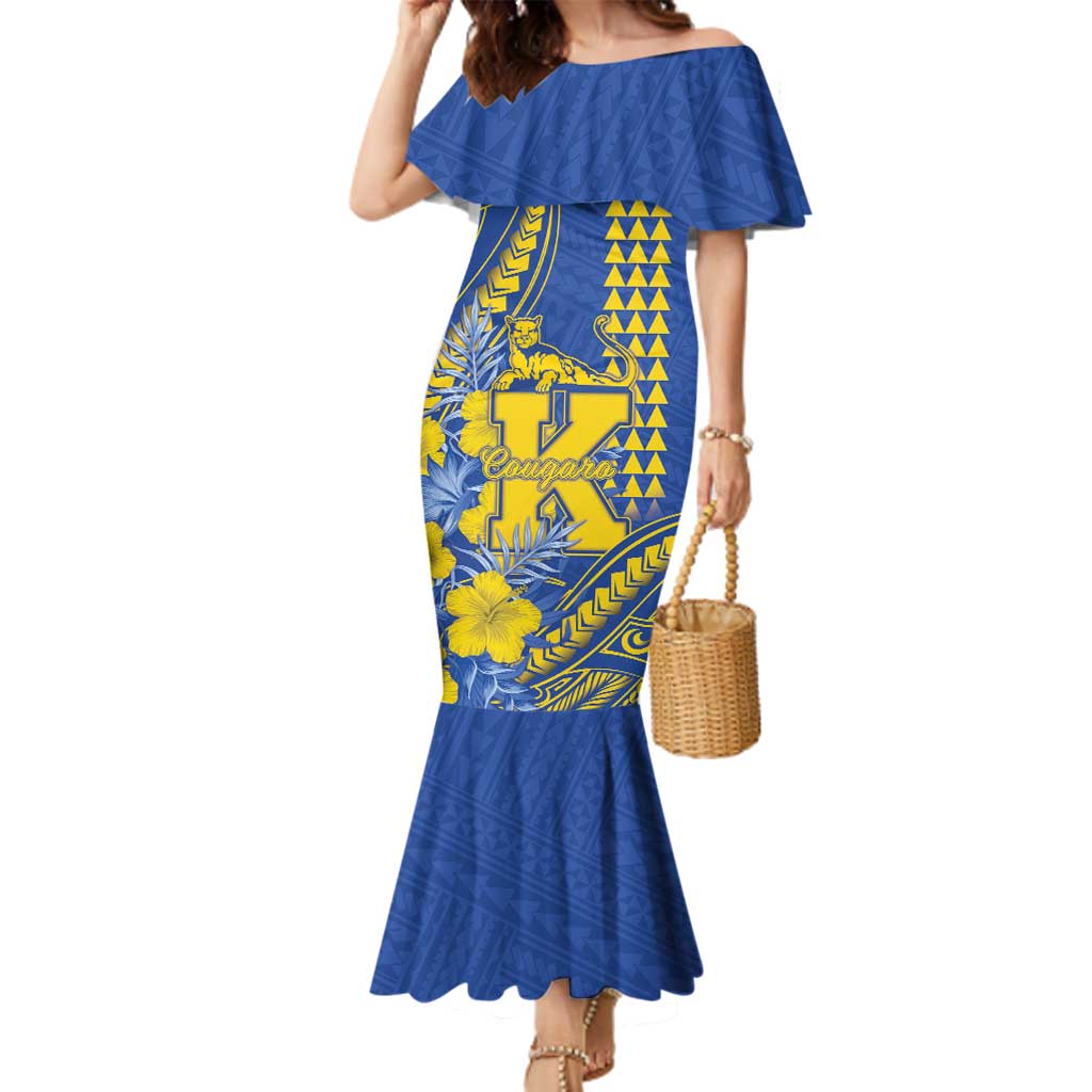 Personalised Hawaii Kaiser High School Family Matching Mermaid Dress and Hawaiian Shirt Tribal Tattoo With Hibiscus Flowers LT05 Mom's Dress Blue - Polynesian Pride
