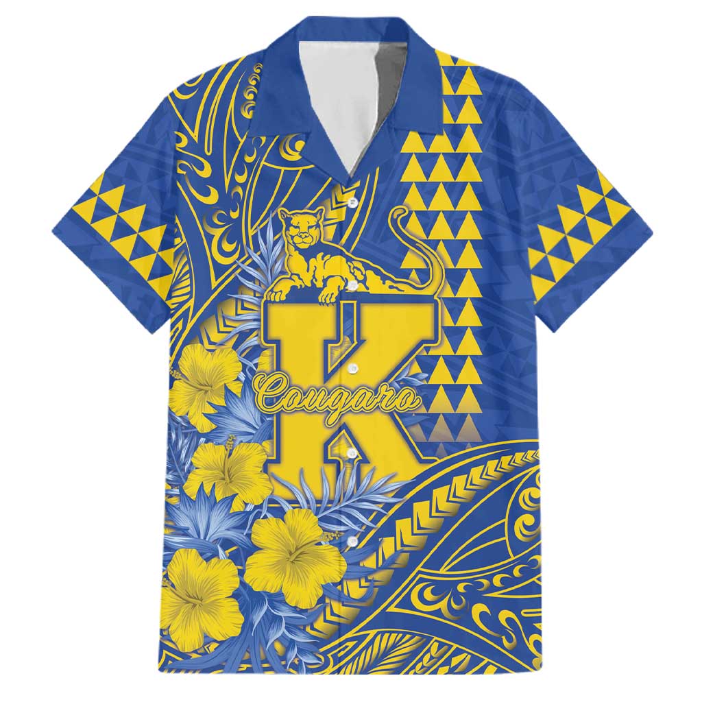 Personalised Hawaii Kaiser High School Family Matching Off The Shoulder Long Sleeve Dress and Hawaiian Shirt Tribal Tattoo With Hibiscus Flowers LT05 Dad's Shirt - Short Sleeve Blue - Polynesian Pride