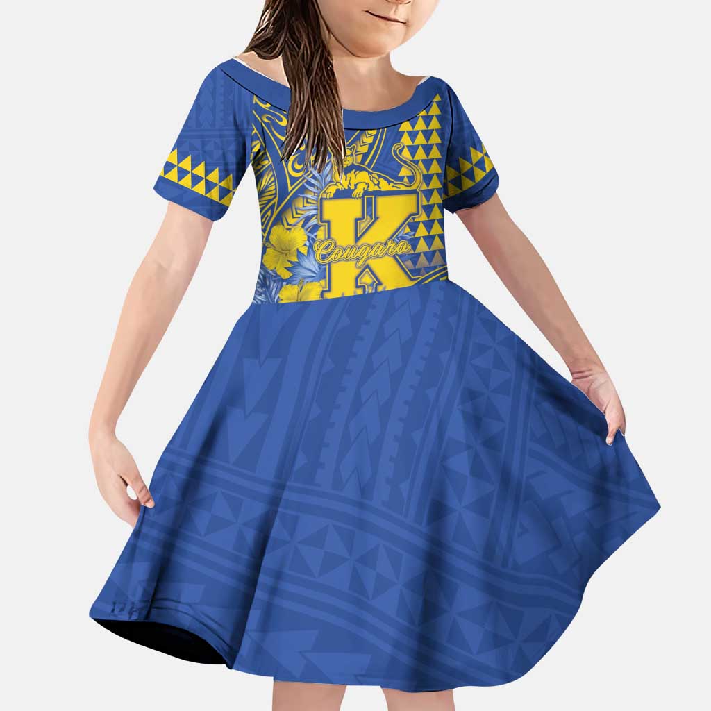 Personalised Hawaii Kaiser High School Family Matching Off Shoulder Short Dress and Hawaiian Shirt Tribal Tattoo With Hibiscus Flowers LT05 Daughter's Dress Blue - Polynesian Pride