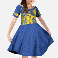 Personalised Hawaii Kaiser High School Family Matching Off Shoulder Short Dress and Hawaiian Shirt Tribal Tattoo With Hibiscus Flowers LT05 Daughter's Dress Blue - Polynesian Pride