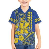 Personalised Hawaii Kaiser High School Family Matching Short Sleeve Bodycon Dress and Hawaiian Shirt Tribal Tattoo With Hibiscus Flowers LT05 Son's Shirt Blue - Polynesian Pride