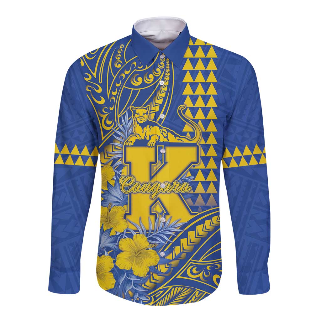 Personalised Hawaii Kaiser High School Long Sleeve Button Shirt Tribal Tattoo With Hibiscus Flowers