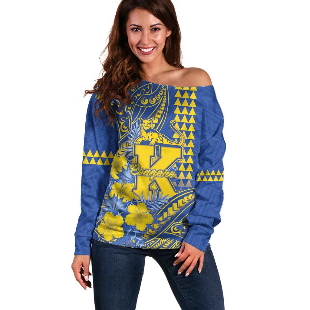 Personalised Hawaii Kaiser High School Off Shoulder Sweater Tribal Tattoo With Hibiscus Flowers