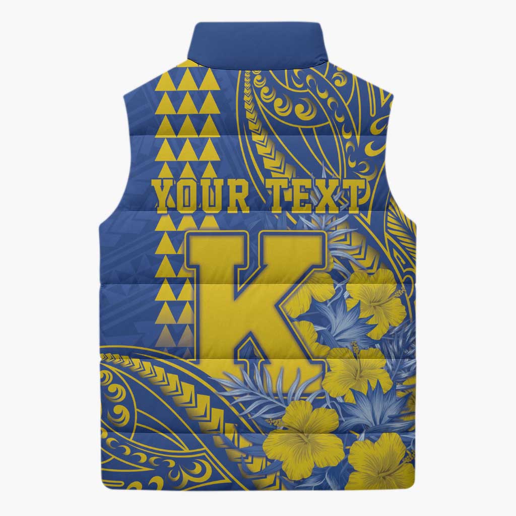 Personalised Hawaii Kaiser High School Sleeveless Puffer Jacket Tribal Tattoo With Hibiscus Flowers