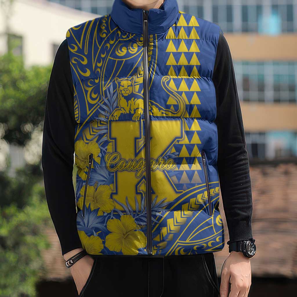 Personalised Hawaii Kaiser High School Sleeveless Puffer Jacket Tribal Tattoo With Hibiscus Flowers