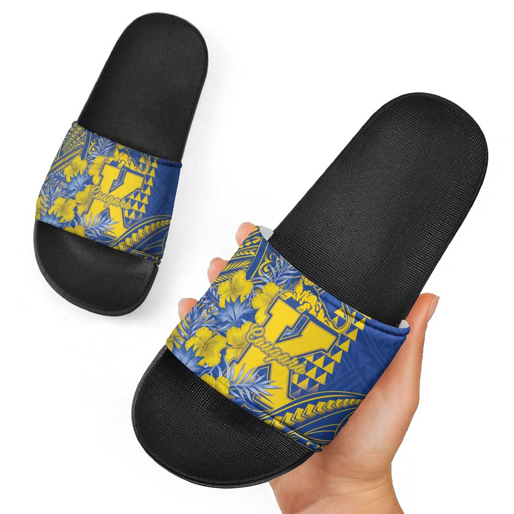 Hawaii Kaiser High School Slide Sandals Tribal Tattoo With Hibiscus Flowers