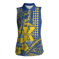 Personalised Hawaii Kaiser High School Women Sleeveless Polo Shirt Tribal Tattoo With Hibiscus Flowers LT05 Female Blue - Polynesian Pride