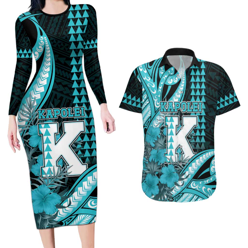 Personalised Hawaii Kapolei High School Couples Matching Long Sleeve Bodycon Dress and Hawaiian Shirt Tribal Tattoo With Hibiscus Flowers LT05 Dark Teal - Polynesian Pride