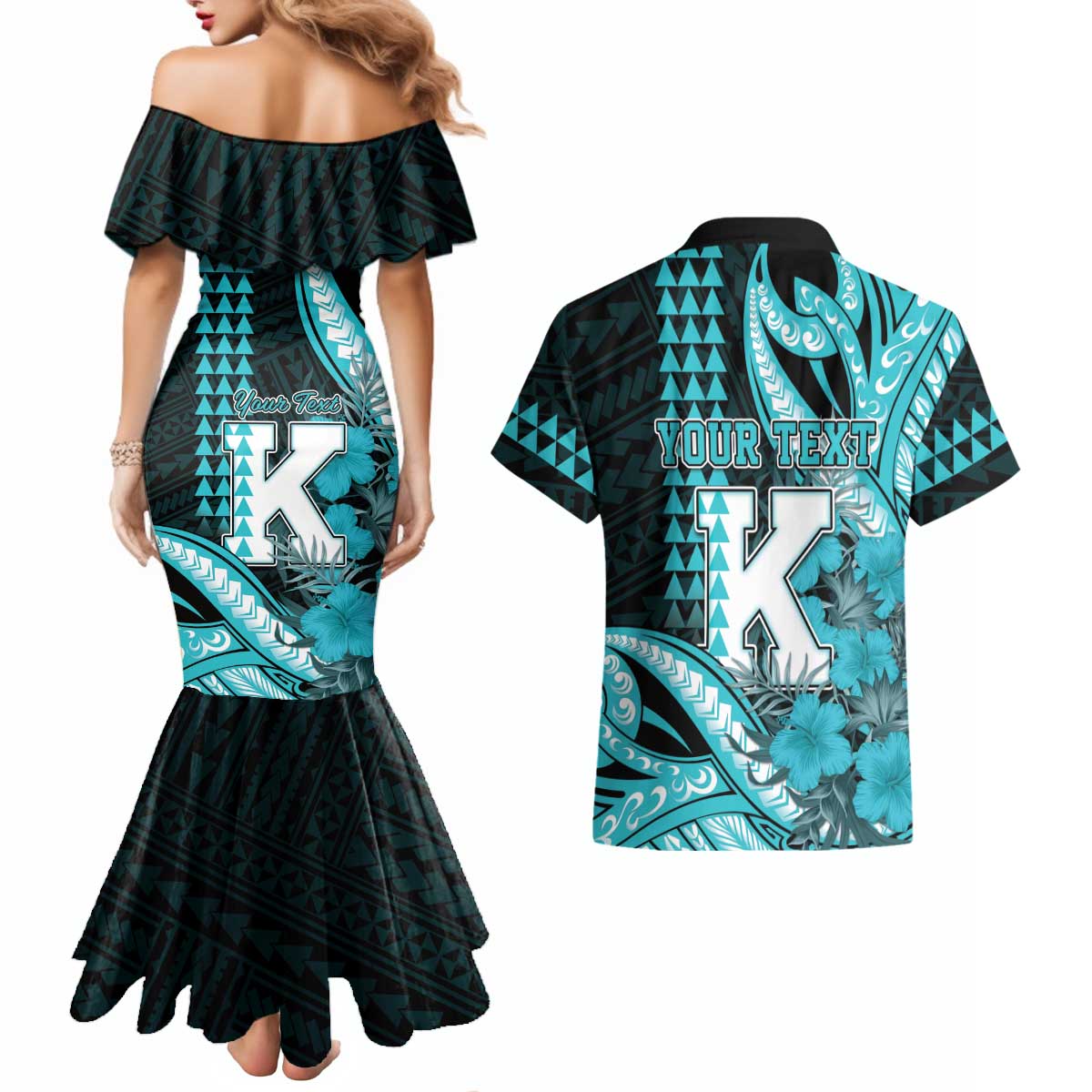 Personalised Hawaii Kapolei High School Couples Matching Mermaid Dress and Hawaiian Shirt Tribal Tattoo With Hibiscus Flowers LT05 - Polynesian Pride