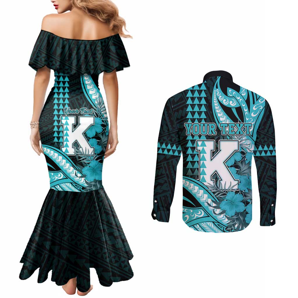 Personalised Hawaii Kapolei High School Couples Matching Mermaid Dress and Long Sleeve Button Shirt Tribal Tattoo With Hibiscus Flowers LT05 - Polynesian Pride