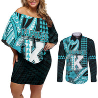 Personalised Hawaii Kapolei High School Couples Matching Off Shoulder Short Dress and Long Sleeve Button Shirt Tribal Tattoo With Hibiscus Flowers LT05 Dark Teal - Polynesian Pride