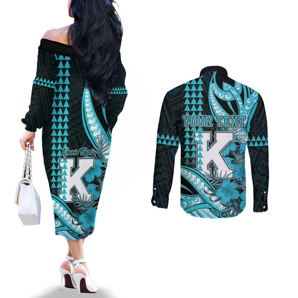 Personalised Hawaii Kapolei High School Couples Matching Off The Shoulder Long Sleeve Dress and Long Sleeve Button Shirt Tribal Tattoo With Hibiscus Flowers LT05 - Polynesian Pride